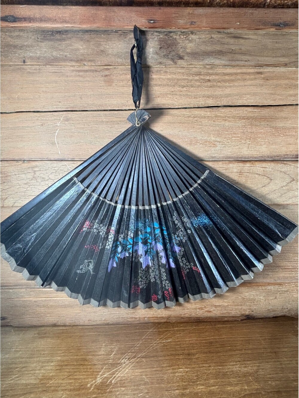 Vintage Black Folding Hand Fan Decorative Fabric Paper Wood Handheld Fan